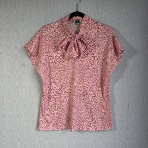 Vtg‎ 80s Blair Womens M/L Blouse Pussybow Polka Dot Retro Knit Rockabilly Pink
